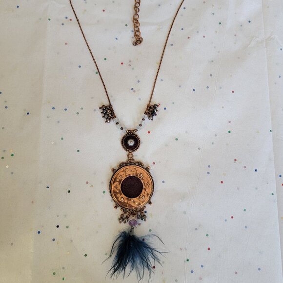 SATELLITE PARIS VINTAGE HAMMERED COPPER PENDANT FEATHER & SEMI PRECIOUS BEADS - Picture 2 of 7